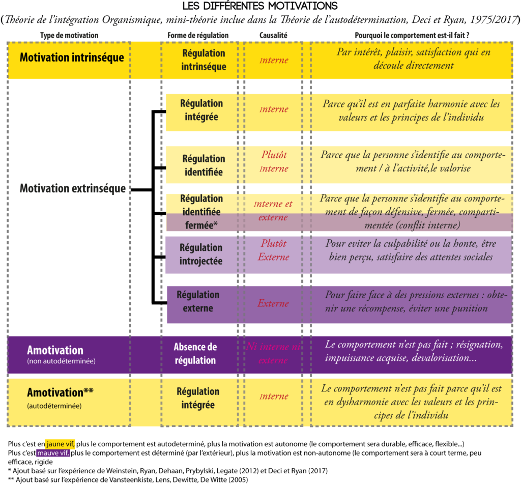 Les chercheurs ont découvert que plus l'éléve avance dans le parcours scolaire, plus sa motivation intrinsèque est détruite (alors que c'est celle qui améne au plus de performances, de bien être). A la place, l'élève a des motivations de piétre qualité pour les enseignements (introjectée, externe, amotivation). La raison est l'enseignement qui soit frustre soit détruit les besoins psychologiques fondamentaux (besoin d'autonomie, besoin de compétence, besoin de proximité sociale). 