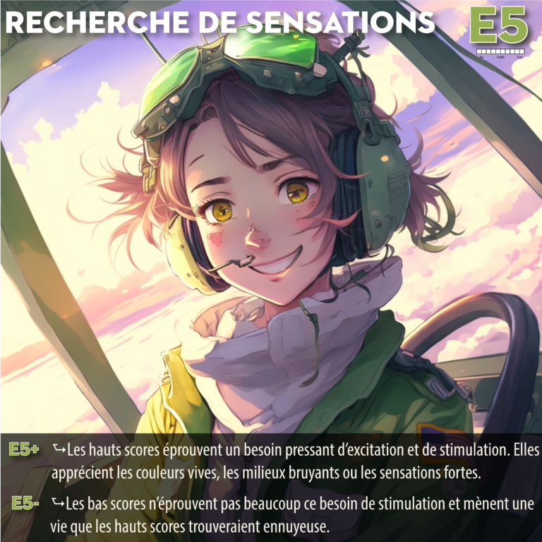 Les hauts scores éprouvent un besoin pressant d’excitation et de stimulation. Elles apprécient les couleurs vives, les milieux bruyants ou les sensations fortes.
Les bas scores n’éprouvent pas beaucoup ce besoin de stimulation et mènent une vie que les hauts scores trouveraient ennuyeuse.