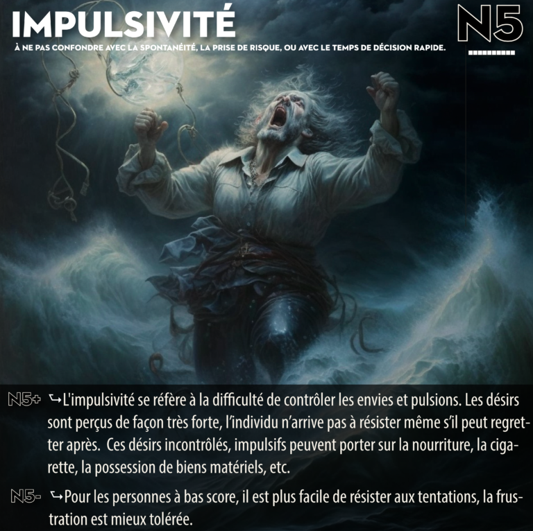 L’impulsivité se réfère à la difficulté de contrôler les envies et pulsions. Les désirs sont perçus de façon très forte, l’individu n’arrive pas à résister même s’il peut regretter après. Ces désirs incontrôlés, impulsifs, peuvent porter sur la nourriture, la cigarette, la possession de biens matériels, etc.
Pour les personnes à bas score, il est plus facile de résister aux tentations, la frustration est mieux tolérée.