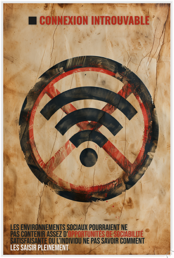 ⬛ Connexion introuvable : l’individu ou les environnements sociaux pourraient ne pas contenir proposer assez d’opportunités de sociabilité satisfaisante ou savoir comment les saisir pleinement.