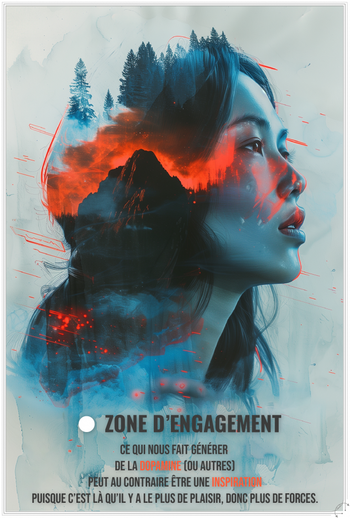 ⬤ Zone d’engagement : Ce qui nous fait générer de la dopamine (ou autres) peut au contraire être une inspiration puisque c’est là qu’il y a le plus de plaisir, de motivation, donc le plus de mobilisation de toutes nos forces (là où un déficit, un manque rend tout plus difficile).