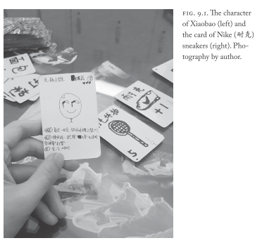 L'une de leur cartes, "le personnage de Xiaobao (à gauche)) et la carte des Nike (droite) photo issue par l'auteur  Rao, Y., dans Li Guo, Douglas Eyman, and Hongmei Sun 
Games & Play in Chinese 
& Sinophone Cultures 