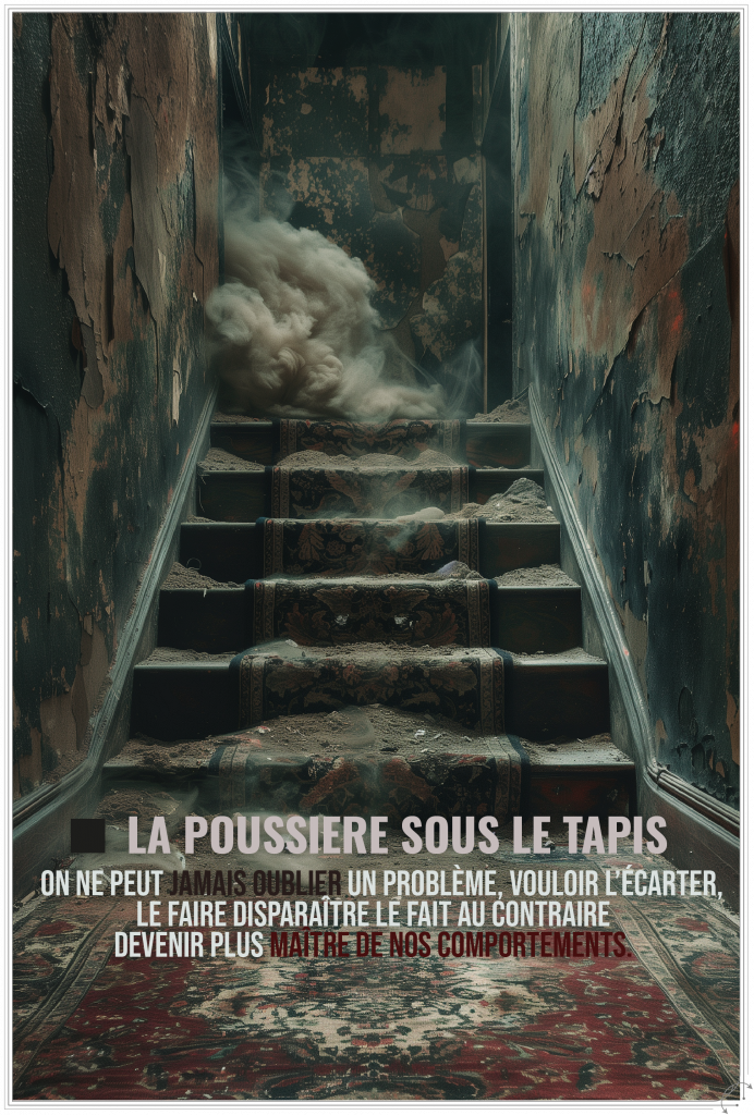 ⬧ La poussière sous le tapis : on ne peut jamais oublier un problème. Vouloir l’écarter, le faire disparaître le fait au contraire devenir plus maître de nos comportements.