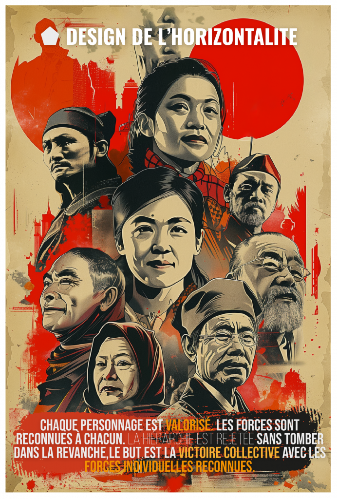  ⬟ Design de l’horizontalité . Chaque personnage est valorisé. Les forces sont reconnues à chacun. la hiérarchie est rejetée sans tomber dans la revanche, le but est la victoire collective avec les forces individuelles reconnues.
